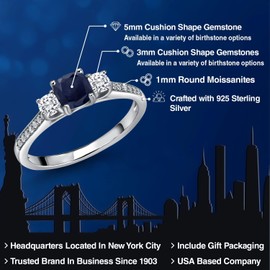 Gem Stone King 925 Sterling Silver Gemstone Birthstone and White Moissanite Ring | 5MM and 3MM Cushion | 3-Stone Wedding Engagement Anniversary Ring For Women | Available In Size 5, 6, 7, 8, 9