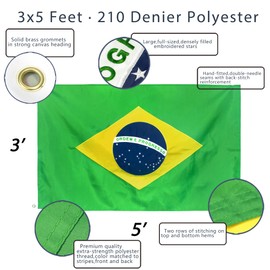 Anley EverStrong Series Embroidered Brazil Flag 3x5 Feet - Embroidery & Heavy Duty Canvas Header - 4 Rows of Lock Stitching - Brazilian National Flags with Brass Grommets 3 X 5 Ft