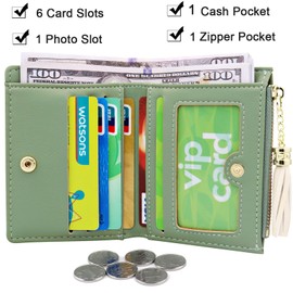Favydov Little Small Wallet for Women PU Leather Tassel Bifold Card Holder with Zipper Pocket Green Color