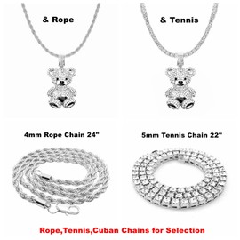 Mens Hip Hop Iced Out Chain Necklaces Silver Gold Monkey | Bear | Lion Pendant Chains Bling Rapper Jewelry (Silver Bear, Cuban Link Chain)