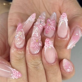 Almond Press on Nails Medium Length MABKJLF 3D French Tip Fake Nails Pink Floral False Nails with Butterfly Floral Pearls Designs Glossy Glue on Nails Stick on Nails for Women Girls 24Pcs
