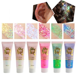 Body Glitter Gel 6 Colours Glitter Sequins Chunky Glitter Liquid Gel Glitter Sequins Face Glitter Liquid Gel Body Glitter Gel Shimmer Sequins Mermaid Sequins Glitter for Face Body (A)