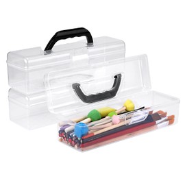 BTSKY 3 Pack Clear Plastic Painting Brush Container with Black Handle, Portable Long Paintbrush Case, Drawing Tools Storage Box, Practical Art Supply Organizer for Artist Crafters, 11.8"x3.5"x3.4"
