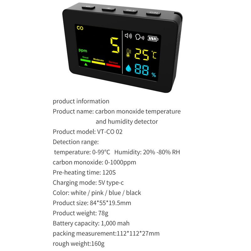 Portable Air Quality Meter 3in1 CO Temperature and Humidity Tester