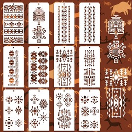 GOMAKERER 12 Pcs Decorative Painting Templates, 12 Styles Aztec Themed Painting Stencils Reusable Border Stencil for Painting on Tile Wall Floor Scrapbooking Decor Drawing Tracing