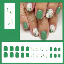 24Pcs Press on Nails Short Square Fake Nails with Flower Leaves Designs Spring False Nails White Floral Full Cover Acrylic Nails Press ons with Nail File Stick Jelly Glue on Nails Kit for Women 24Pcs