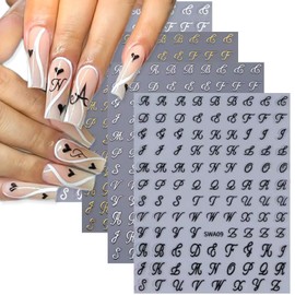 MOLILON 4 Sheets Old English Letters Nail Stickers, Retro Letters Nail Art Stickers, Self-Adhesive Letter Decals for Nails, Gold Silver Black White Manicure Sticker Designs for Women Girls