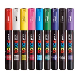 Posca PC-1M Standard Pack of Paint Markers (Pack of 9) Multisurface Water Based Paint Pens, Extra Fine 0.7-1mm Bullet Acrylic Tips, for Adult Colouring Books, Art and Crafts with 4 Stickers