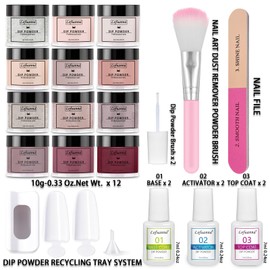 Lofuanna 24Pcs Dip Powder Nail Kit-12 Colors Nude Pink Purple Glitter Dipping Powder Starter Kit with Base Top Coat Activator,No UV/LED Needed,All-in-One DIY French Nail Art Manicure Set for Beginners