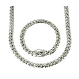 Bling Bling NY Anti-Tarnish Solid Silver Finish Stainless Steel 10mm Thick Miami Cuban Link Chain Box Clasp Lock Necklace 16-30 inches Bracelet 7-10 inches (Chain 24'' & Bracelet 9'')