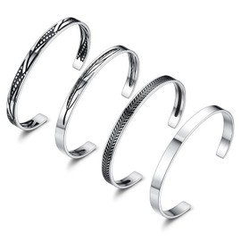 JeweBella Set of 4 Bangle Bracelet for Men Women Stainless Steel Vintage Open Mesh Bracelet Set Stackable Leaf Feather Bracelet Jewellery Gift, Stainless Steel