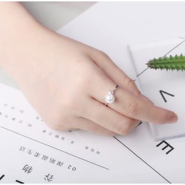 HUKQBUNX 925 Sterling Silver Kitten Pure Natural White Pearl Lady Fresh cat Claw Simple Wind Opening Adjustment Wedding Engagement Ring, Clear,White