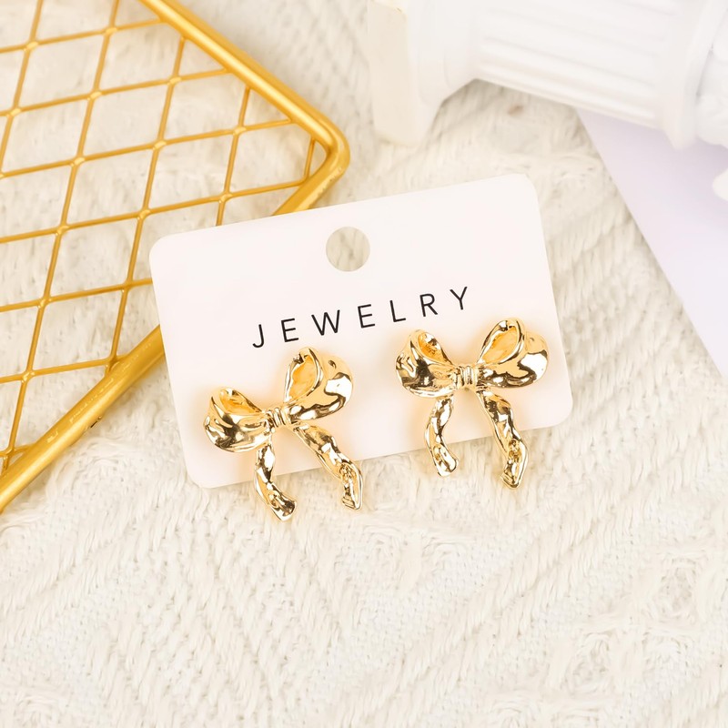 Gold Bow Earrings for Women, Cute Classic Ribbon Stud Earrings