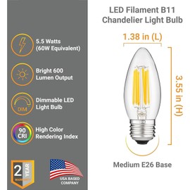 Diodesy- Pack of 6 ETC/LED/FS/5.5W/E26/D/CL/50K Dimmable Wall Sconces, Chandelier Light Bulb, Edison Bulb, 5.5 Watts (60W Equivalent), 5000K Bright White, E26 Filament Bulb for Pendant, Vanity, 600LM
