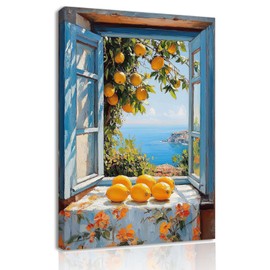 BAOYILONG Italian Amalfi Coast Canvas Wall Art Rustic Window Print Mediterranean Landscape Proster Lemon Tree Picture for Kitchen Home Decor (WE59-9, 12.00L x 18.00W, Framed)