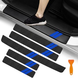 Door Sill Protector Set of 5 Universal Car Door Sill Protector Anti-Scratch Protective Stripes Threshold for Cars Trucks Carbon Fiber Leather Self-Adhesive Decals with Plastic Scraper (Blue)