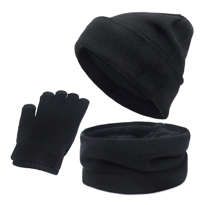 3Pcs Winter Knitted Hat Scarf Gloves Set Fleece Lined Warm