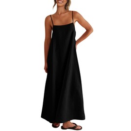 Shy Velvet Women's 2025 Summer Linen Maxi Dress Contrast Spaghetti Strap Dress Backless Sleeveless Casual Party Beach Dresses Black