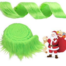 Vellibring 2x100 Inch Christmas Faux Fur Ribbon Craft Fur Strips Fake Fur Rolls Green Long Plush for DIY Christmas Costume Gnome Beard Santa Claus Hair Xmas Tree Decor Family Party Supplies