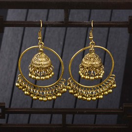 fivekim Ethnic Indian Jhumka Jhumki Jewelry Bells Tassel Dangling Drop Earrings Women Big circle tassel earrings Gold Silver