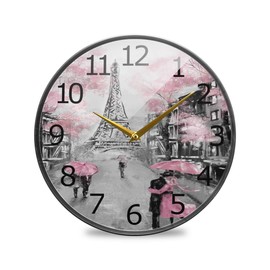ALAZA Paris Eiffel Tower Couple Pink Floral Acrylic Painted Silent Non-Ticking Round Wall Clock, 12 Inch Battery Operated Quiet Bathroom Clock for Living Room Kitchen Office Decor