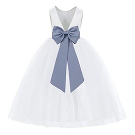 ekidsbridal White V-Back Satin Flower Girl Dress with Colored Sash Princess Gown 219T 4