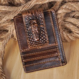 Le'aokuu W1015 Men's Genuine Leather Wallet Dollar Clip Money Clip Suitable Wallet, 1015 coffee crocodile, RFID Wallet