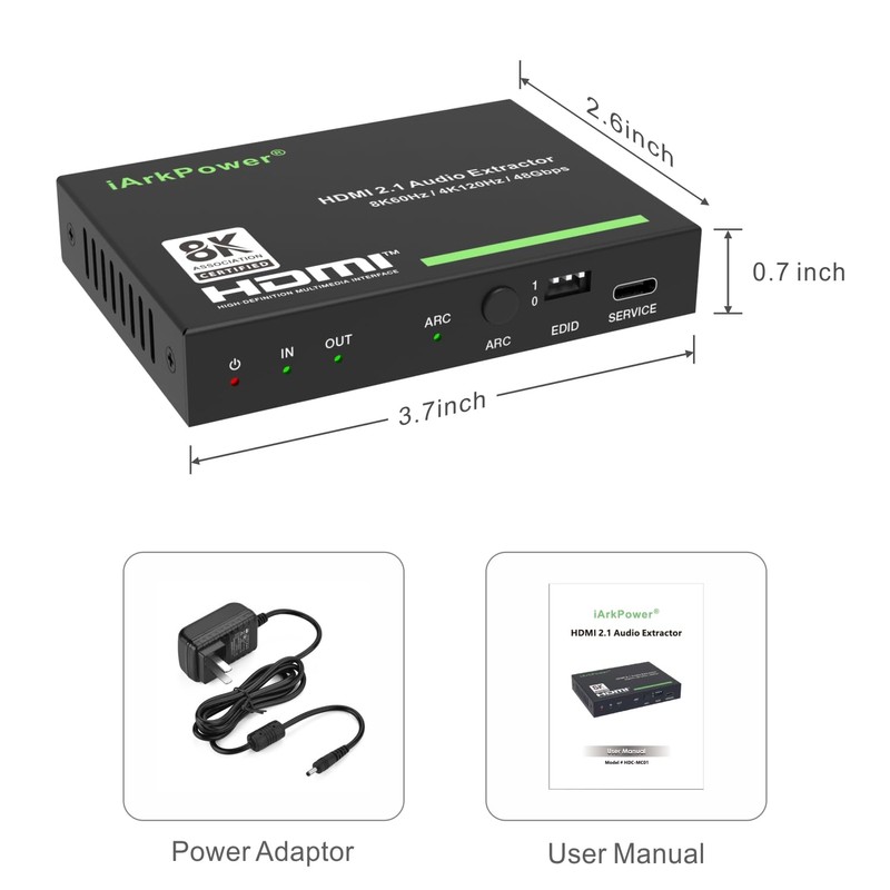 iArkPower HDMI 2.1 Audio Extractor 4K120Hz HDMI to Optical +