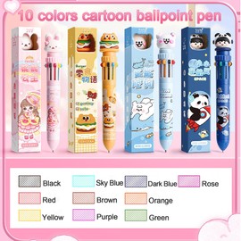 10 in 1 Retractable Ballpoint Pens, Pack of 4, Multicoloured Pens, Creative Cute Cartoon Pen, Retractable Ballpoint Pen for Office, School Supplies, Students, Children, Gift, Children's Birthday Gift