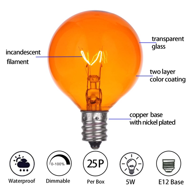 MAINDECO 25 Pack G40 Replacement Bulbs,120V 5W Incandescent,E12 Base,for Indoor