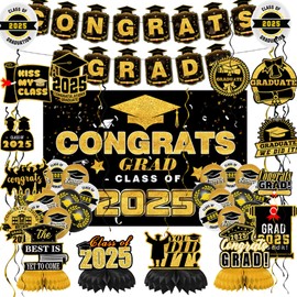 2025 Graduation Decorations,Black and Gold Congrats Grad Banner Class of 2025 Backdrop,Graduation Hanging Swirl,Balloons,Honeycomb for High School College Graduation Party Decoration Supplies