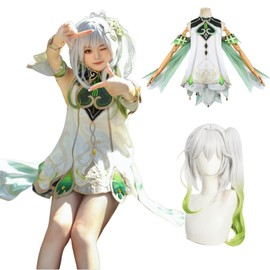 NOKIJP Genshin Impact Nahida Cosplay Costume with Wig for Children, Kids, Sumeru, White Grass Purification Flower, Genshin Impact Nahida Cosplay, Krakusanalidevi, Kusanari, Grass God, Chapter of