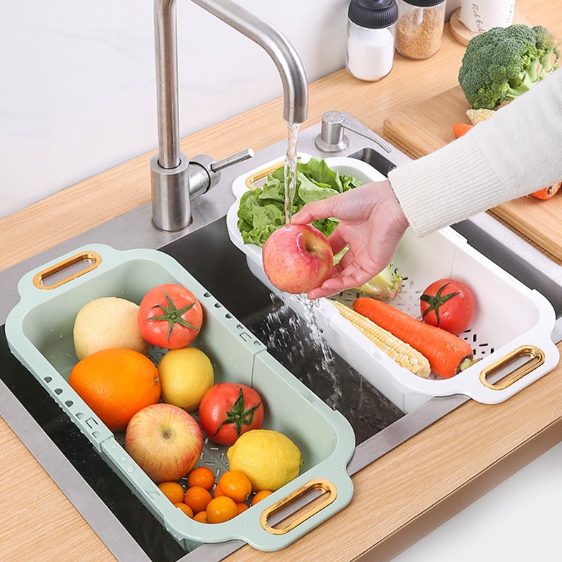 Extendable Over Sink Colander Double Layers Retractable Drainer Basket for