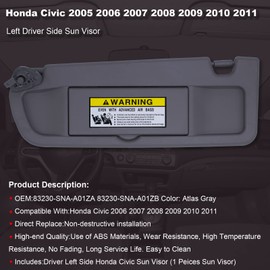 NHILES Atlas Gray Left Side Sun Visor Compatible with Honda Civic 2006 2007 2008 2009 2010 2011 Replaces# 83230-SNA-A01ZA 83230-SNA-A01ZB
