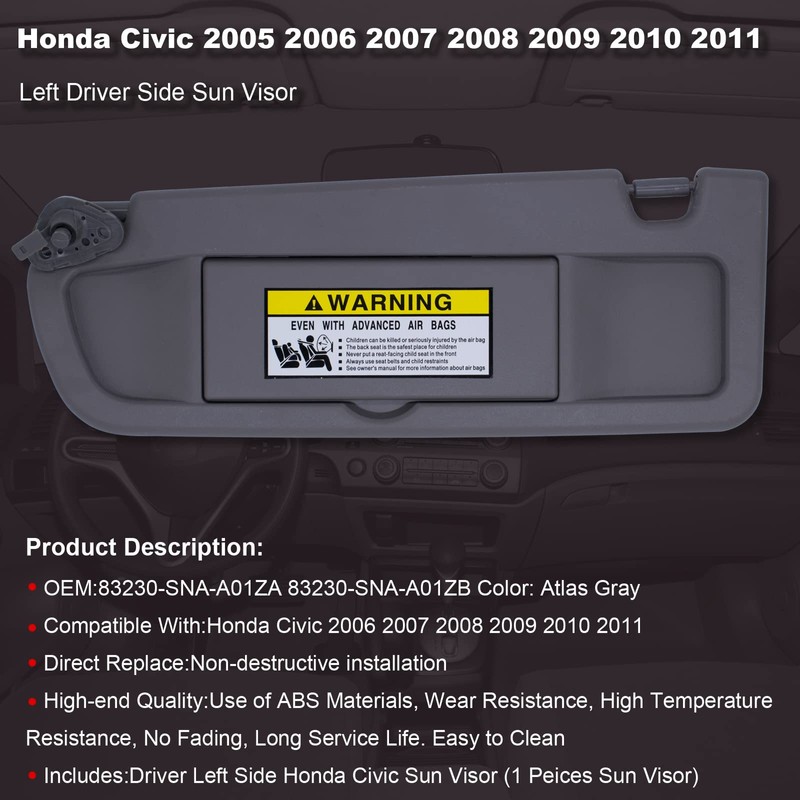 NHILES Atlas Gray Left Side Sun Visor Compatible with Honda