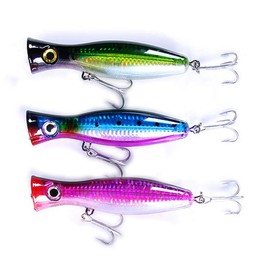 Pack of 3 Large Top Water Poppers 4.75 in/ 1.5 Oz Artificial Seal Lure 3D Eyes with Hooks and Ring for Saltwater Offshore, Surf Fishing Striped Bass, Bluefish