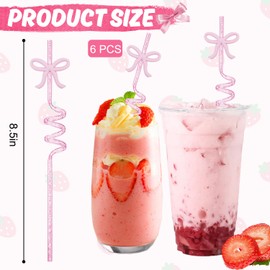 6PCS Bow Curly Straws, Pink Bow Glitter Party Straws, Elegant Plastic Straws Reusable for Kids Adults Birthday Party Family Reunion Decorations Supplies