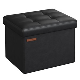SONGMICS Small Folding Storage Ottoman, Foot Rest Stool, Cube Footrest, Synthetic Leather, 12.2 x 16.1 x 12.2 Inches, 286 lb Capacity, for Living Room, Bedroom, Dorm, Ink Black ULSF100B01