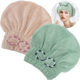 2Pcs Microfiber Hair Drying Cap,Hair Towel Cap,Fast Coral Velvet Drying Towel Bow-Knot,Quick Dry Fast Drying Caps for Women (Khaki+Green, One Size)