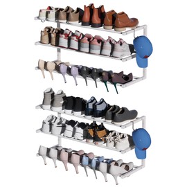 2 Pack Wall Mounted Shoe Rack, 3 Tier Hanging Shoe Rack Holds 24 Pairs, 17"-30"Adjustable Heavy Duty Metal Shoe Organizer Holder with 4 Storage Hooks, Space Saving for Closet Entryway Doorway（White)