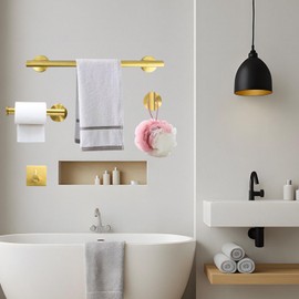 Brushed Gold Bathroom Accessories,5-Piece Set Bathroom Hardware Set, Gold Towel Bar, SUS304 Stainless Steel Kitchen Paper Holder, Towel and Coat Hook, Punch-Free, Wall-Mounted