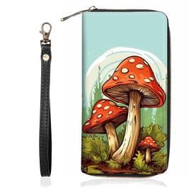BWOOLL Mushroom Print Wallet for Women Large Capacity Wallet Credit Card Holder PU Leather Zipper Clutch Purse Phone Wallet