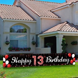 13th Birthday Yard Banner, Happy 13th Birthday Decoration for Girls Boys, Red Black 13 Year Old Birthday Yard Sign Backdrop, Thirteen Birthday Party Supplies Outdoor Indoor, Sturdy Fabric Vicycaty
