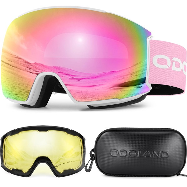 Odoland Magnetic Ski Goggles Kit with 2 Detachable Screens, Toric Design Snow Goggles, Anti-UV, Anti-Fog, Windproof, Ski Goggles for Men and Women, White + Pink VLT25%