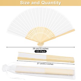 MCEAST 120 Pieces Handheld Fans Silk Bamboo Folding Hand Fans Silk Fabric Folding Fans with Organza Bags for Church Wedding Party Favors Bridal Dancing Props, White