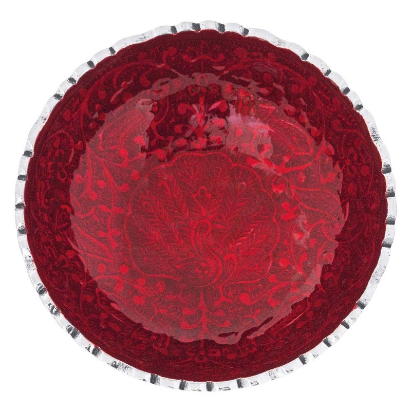 Jamu Incense Bowl Red with Peacock Pattern Aluminium Round