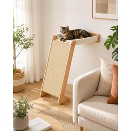Wall Mounted Cat Scratcher with Hammock, 2-in-1 Cat Wall Furniture with Sisal Scratching Ramp, Wooden Frame Climbing Shelf, Space-Saving Perch for Lounging, Scratching and Resting