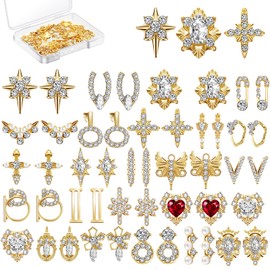 48 Pieces 3D Shiny Nail Rhinestone Luxury Nail Art Decoration Diamonds Metal Jewellery Beauty Design Charm Gold Heart Gemstones Crystals, 24 Styles