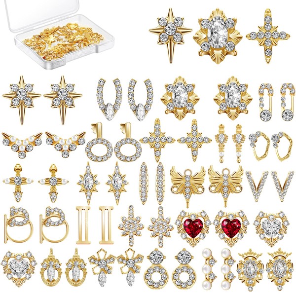 48 Pieces 3D Shiny Nail Rhinestone Luxury Nail Art Decoration Diamonds Metal Jewellery Beauty Design Charm Gold Heart Gemstones Crystals, 24 Styles