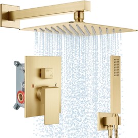 Midanya Shower Faucet Set,Wall Mount Shower System with Square Rain Shower Head and Hand Sprayer, Rough-in Valve Body and Trim Kit Included,8 Inch,Brushed Gold
